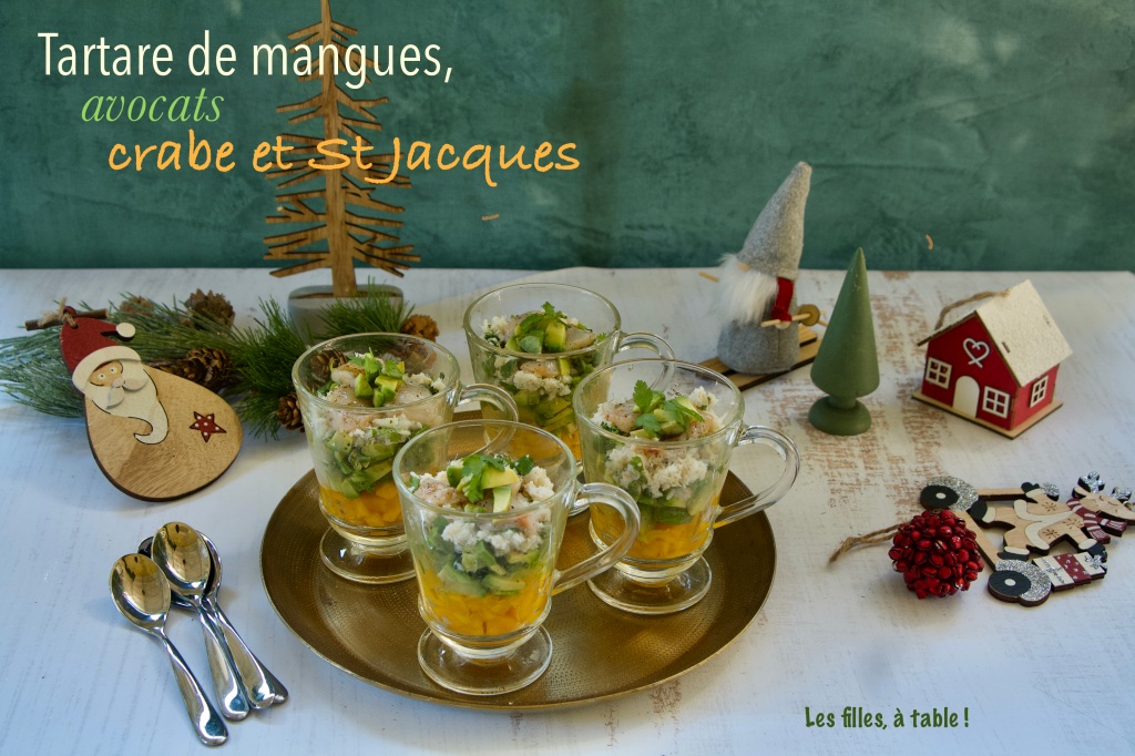 Tartare mangue, avocats, miettes crabe St-Jacques